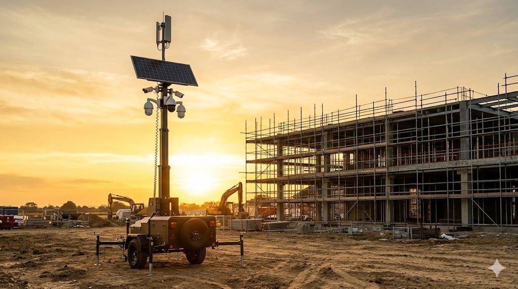 Portable CCTV surveillance tower on a construction site at golden hour